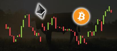 De koers van Bitcoin en Ethereum afgebeeld voor een bull